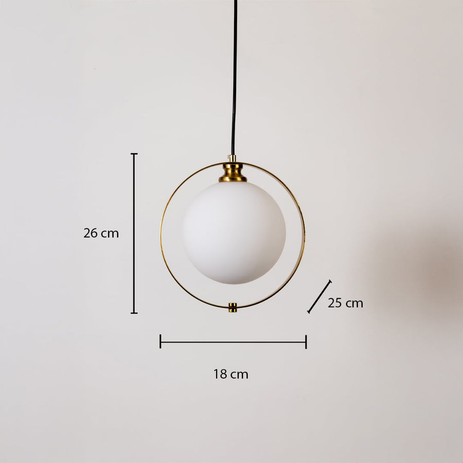 Pendant light with labeled measurements showing 26 cm height 18 cm width and 25 cm depth featuring a frosted globe within a gold ring.