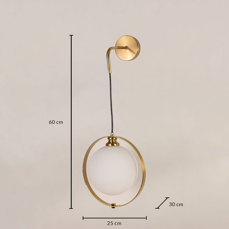 Gold ring wall light with 60 cm height 25 cm width and 30 cm depth shown clearly for accurate wall placement.