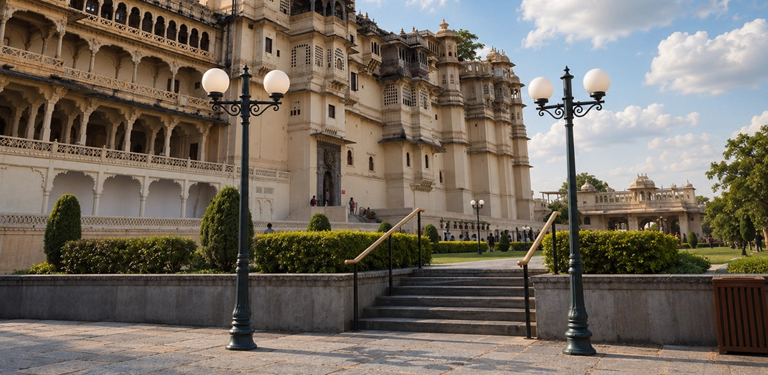 A scenic photograph of a grand Indian palace with beige stone architecture, featuring a central staircase, manicured green hedges, two black double-globe lampposts, and a blue sky with white clouds in the background.
