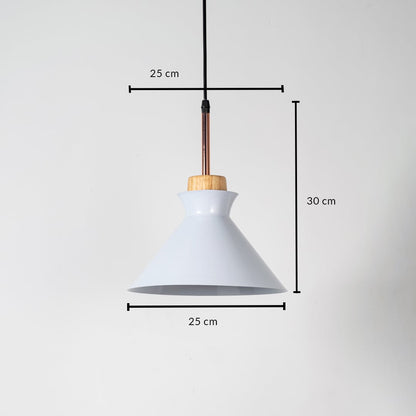 White conical pendant light with wooden accent shown with size 30cm height and 25cm width on white background for product details.