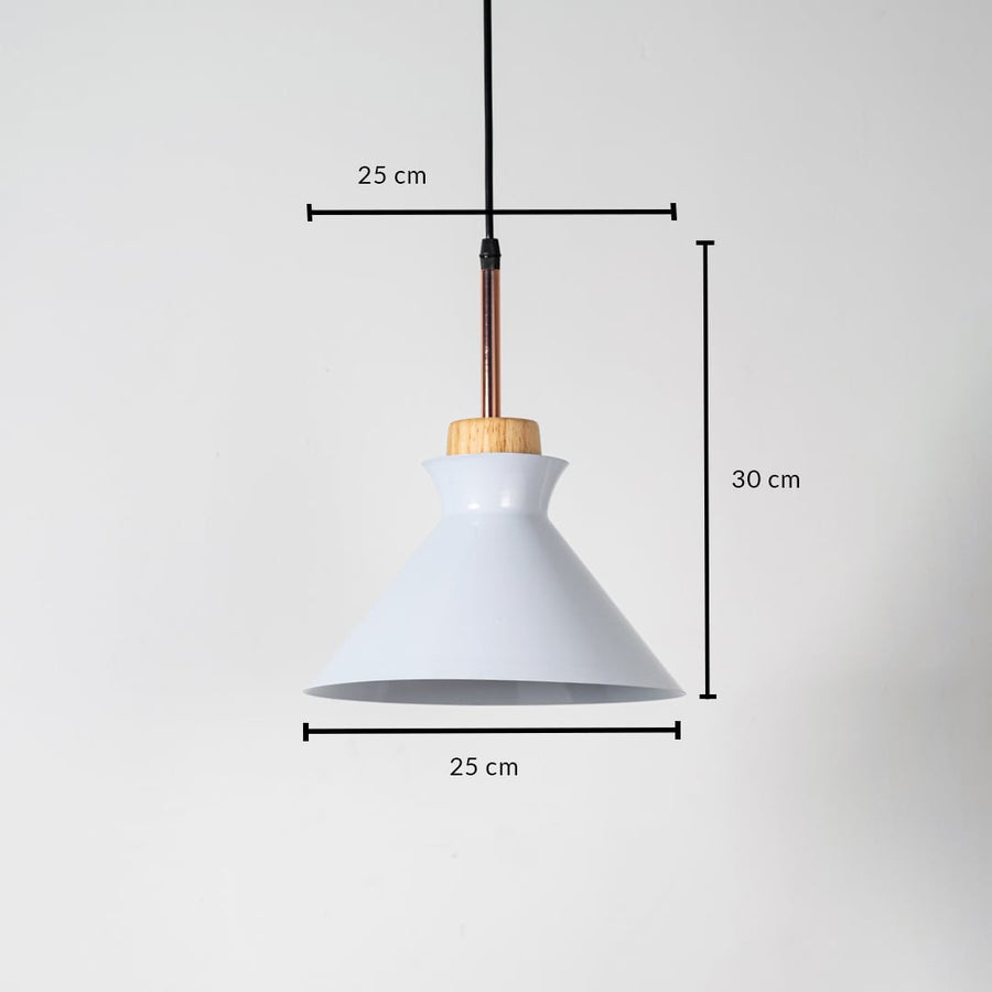 White conical pendant light with wooden accent shown with size 30cm height and 25cm width on white background for product details.