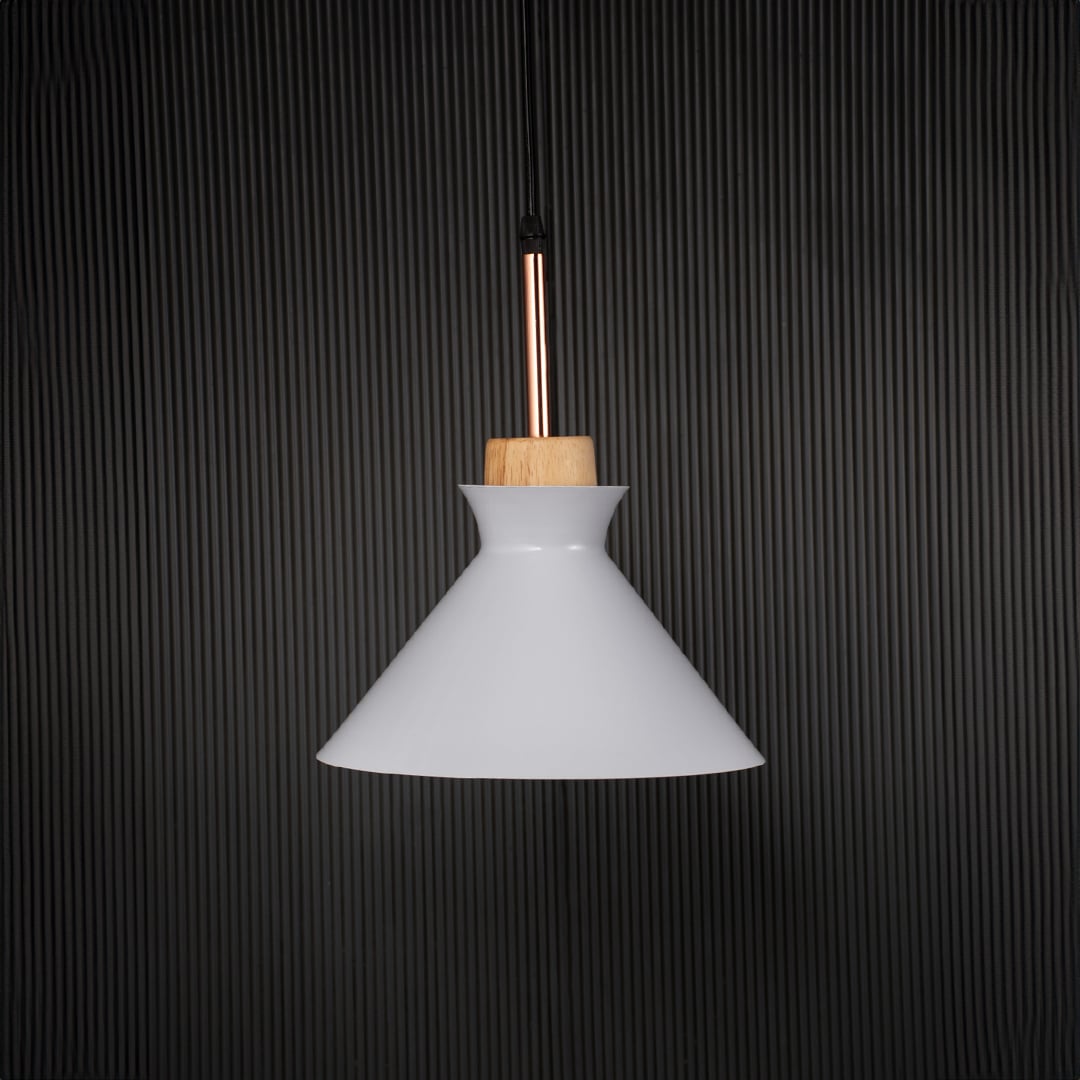White conical pendant ceiling light with wood top switched off on back background for modern dining room cafe and living room lighting.