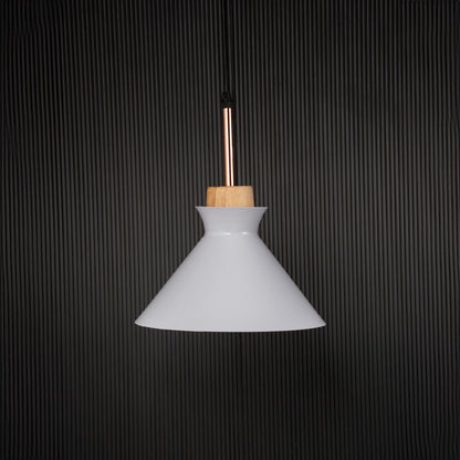 White conical pendant ceiling light with wood top switched off on back background for modern dining room cafe and living room lighting.