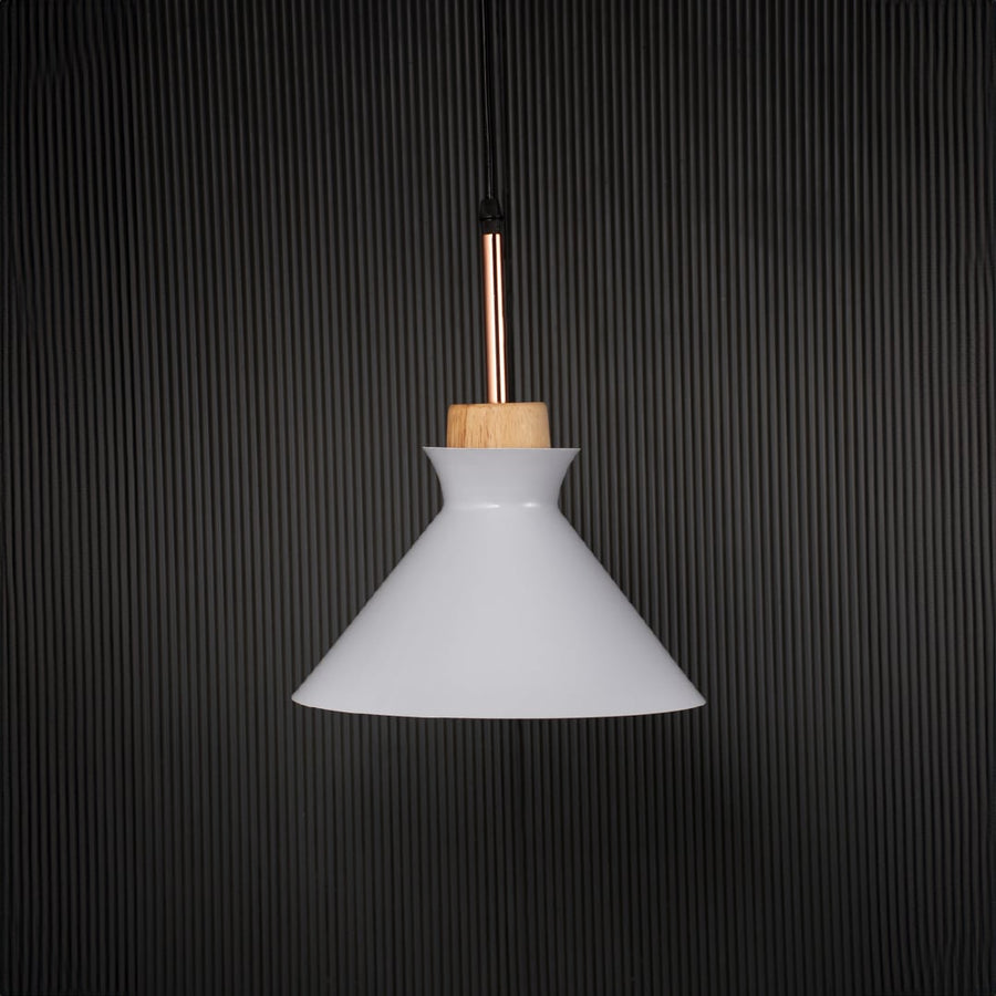 White conical pendant ceiling light with wood top switched off on back background for modern dining room cafe and living room lighting.