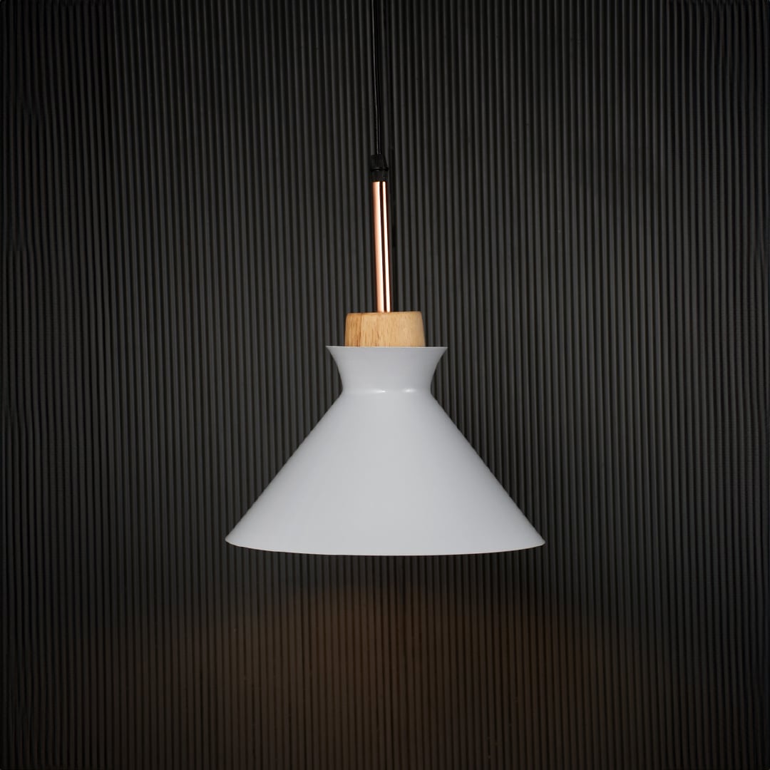 White conical pendant ceiling light with wooden accent illuminated on back background for modern dining room cafe and interior lighting.