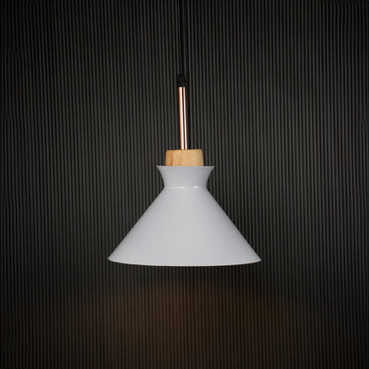 White conical pendant ceiling light with wooden accent illuminated on back background for modern dining room cafe and interior lighting.