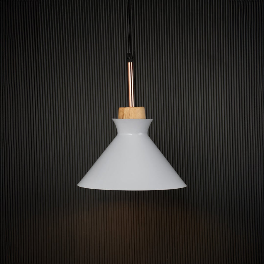 White conical pendant ceiling light with wooden accent illuminated on back background for modern dining room cafe and interior lighting.