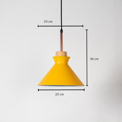 Yellow conical pendant light with wooden accent shown with size 30cm height and 25cm width on white background for product details.