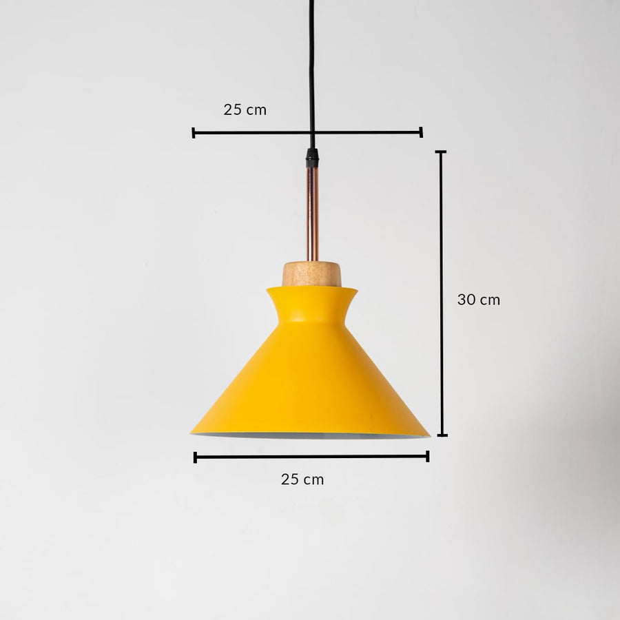 Yellow conical pendant light with wooden accent shown with size 30cm height and 25cm width on white background for product details.