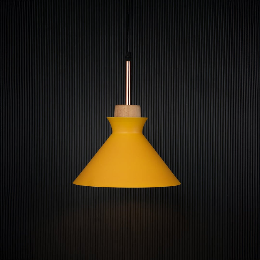 Yellow conical pendant ceiling light with wooden accent illuminated on back background for dining room cafe and modern interior lighting decor.