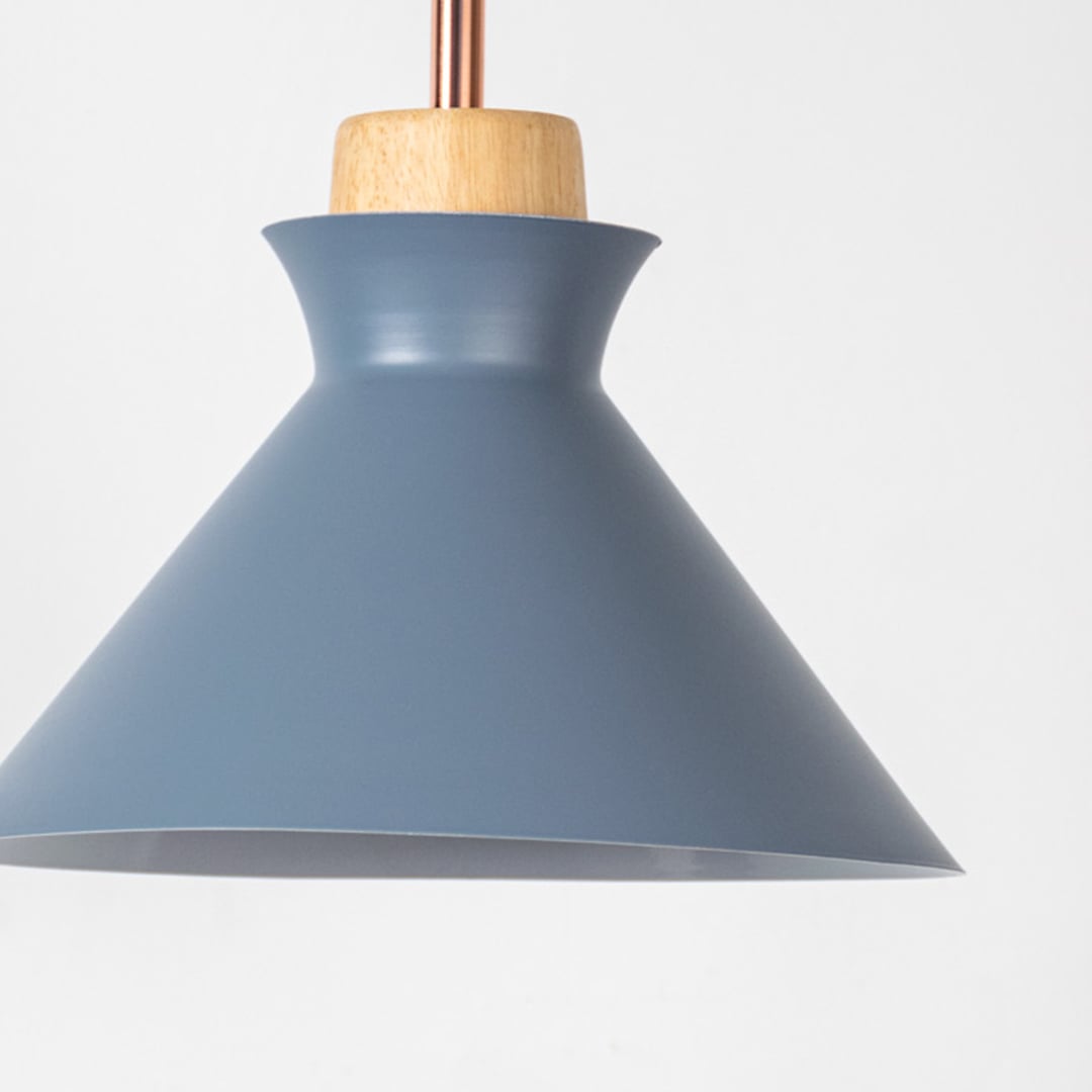 Closeup of grey conical pendant ceiling light with wooden accent showing matte finish for modern dining kitchen and cafe decor lighting.