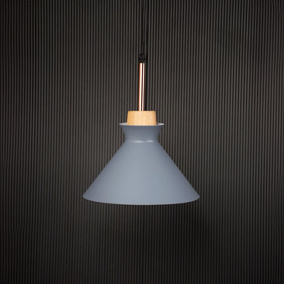Grey conical pendant ceiling light with wood top switched off on back background for modern dining room cafe and living room ceiling lighting.