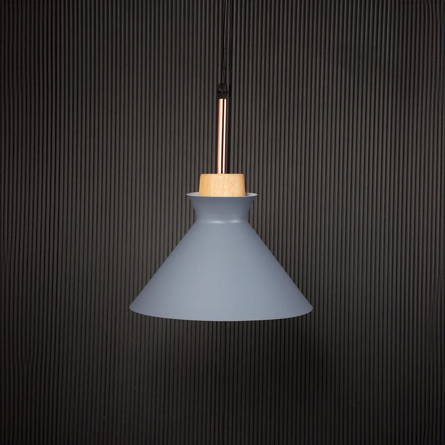 Grey conical pendant ceiling light with wood top switched off on back background for modern dining room cafe and living room ceiling lighting.