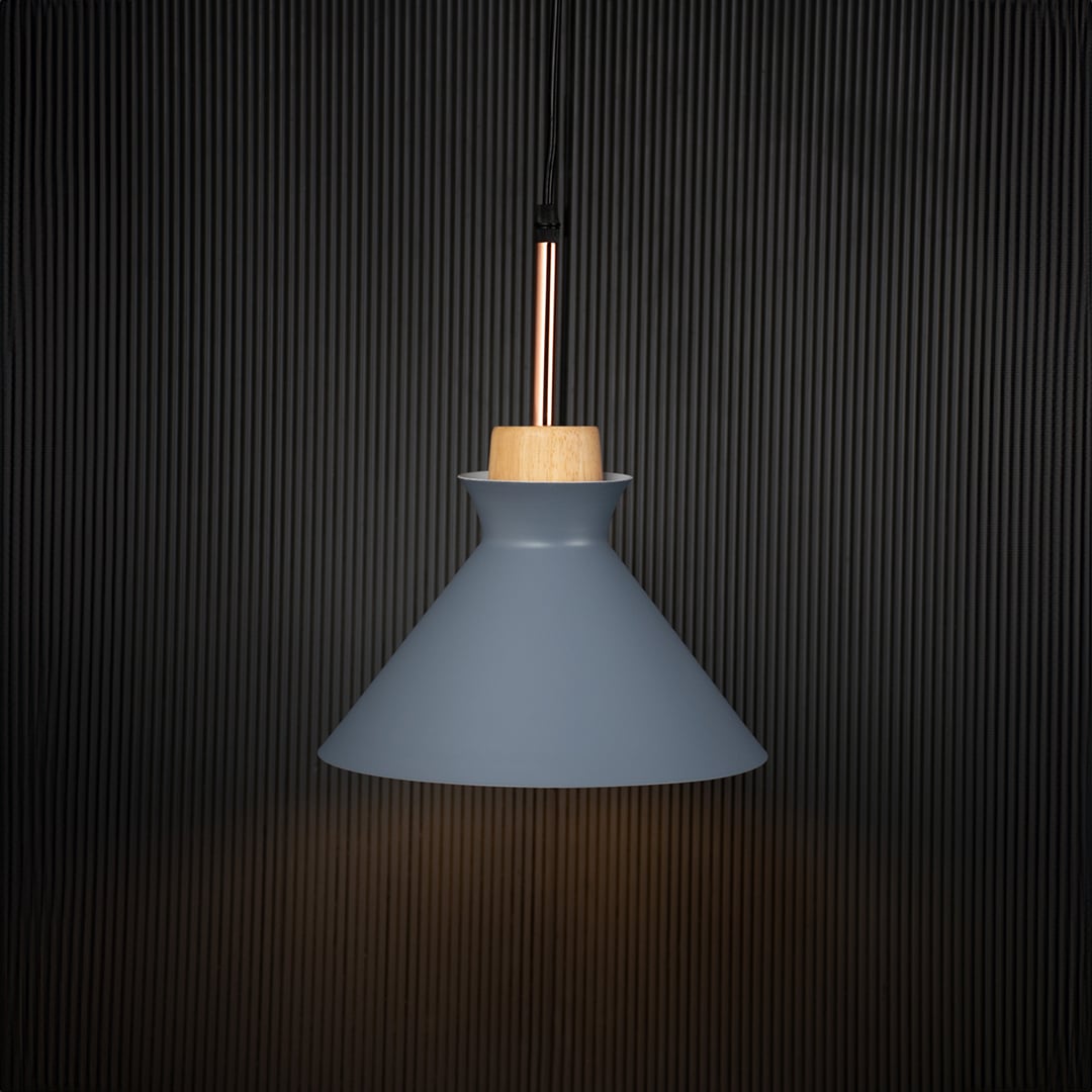 Grey conical pendant ceiling light with wooden accent illuminated on back background for dining room cafe and modern interior lighting.