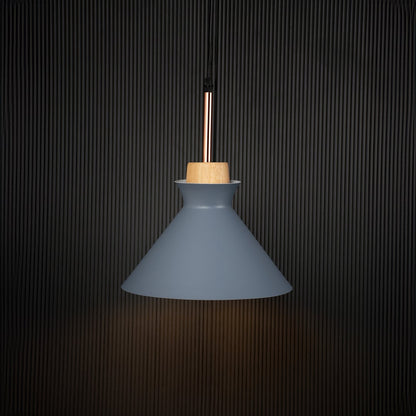Grey conical pendant ceiling light with wooden accent illuminated on back background for dining room cafe and modern interior lighting.