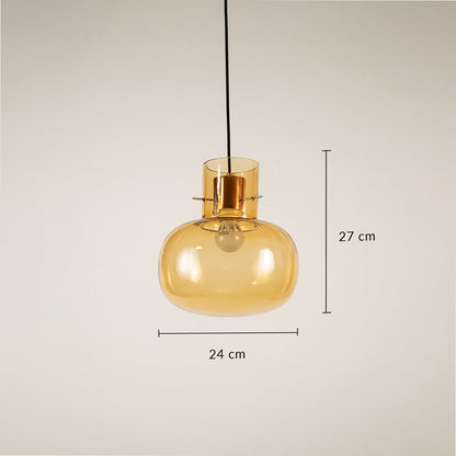 Amber glass pendant light showing 27 cm height and 24 cm width ideal for modern living room and dining lighting.