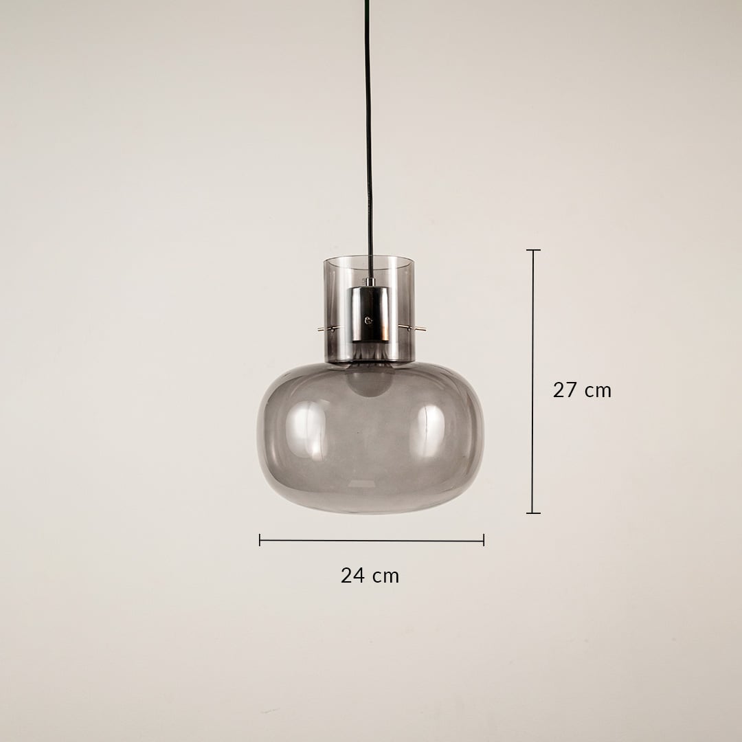 Grey glass pendant light showing 27 cm height and 24 cm width suitable for dining room or living room lighting.