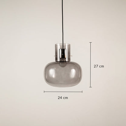 Grey glass pendant light showing 27 cm height and 24 cm width suitable for dining room or living room lighting.