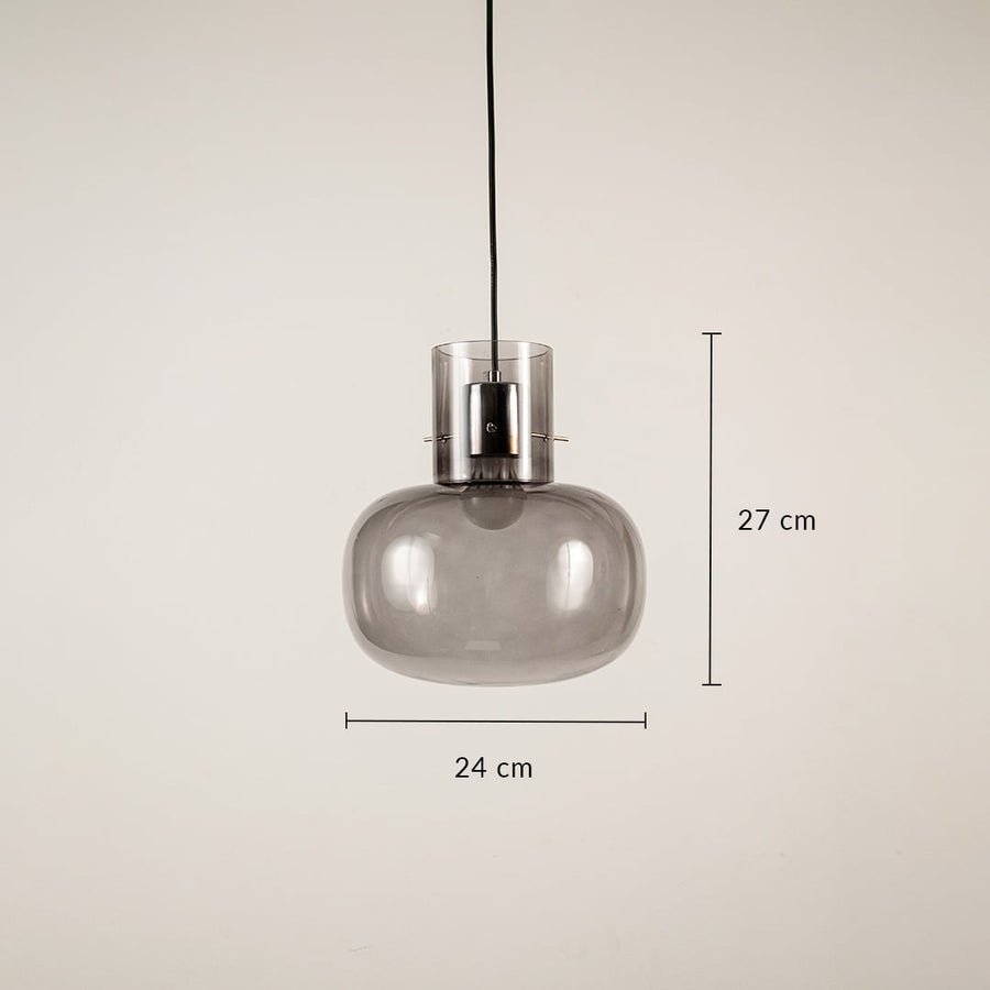 Grey glass pendant light showing 27 cm height and 24 cm width suitable for dining room or living room lighting.