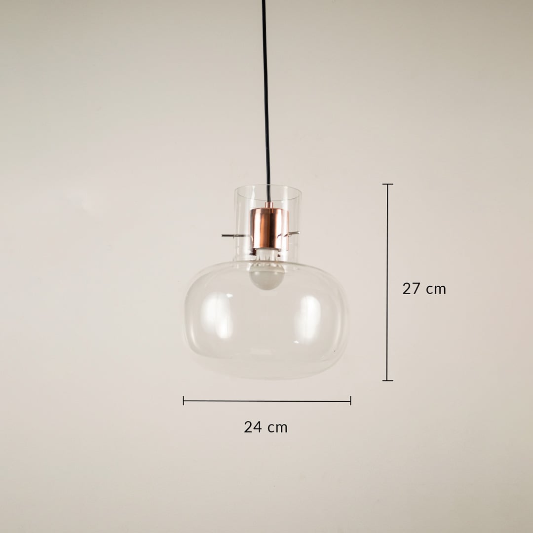 Clear glass pendant light showing 27 cm height and 24 cm width suitable for modern home and cafe lighting setup.