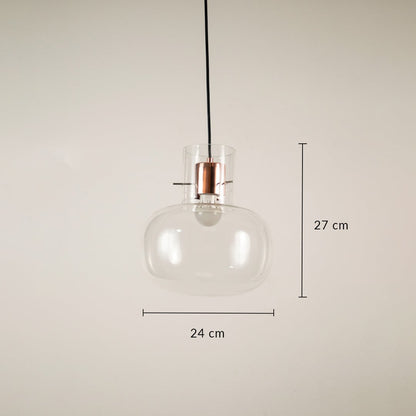 Clear glass pendant light showing 27 cm height and 24 cm width suitable for modern home and cafe lighting setup.