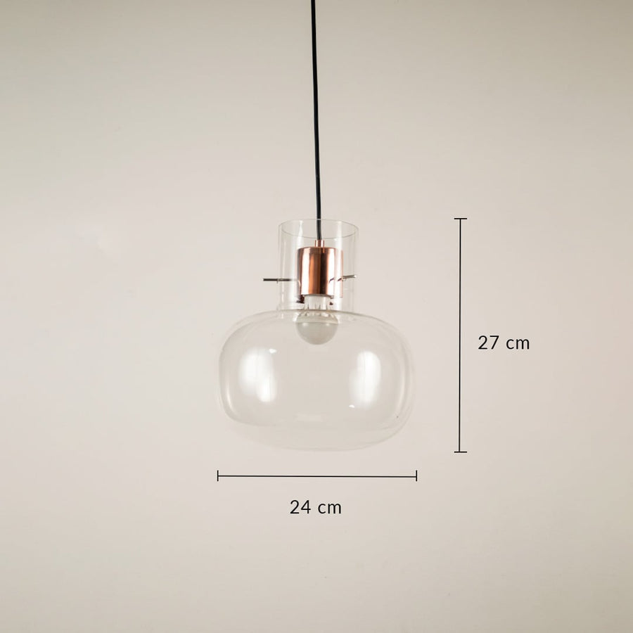 Clear glass pendant light showing 27 cm height and 24 cm width suitable for modern home and cafe lighting setup.