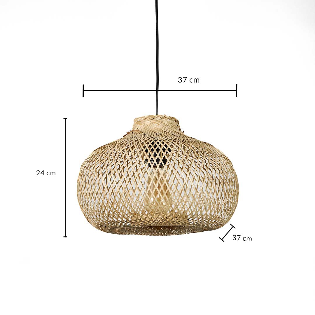Dimension image of beige woven bamboo mesh pendant light with bulb socket fixture showing 24 cm height and 37 cm width.