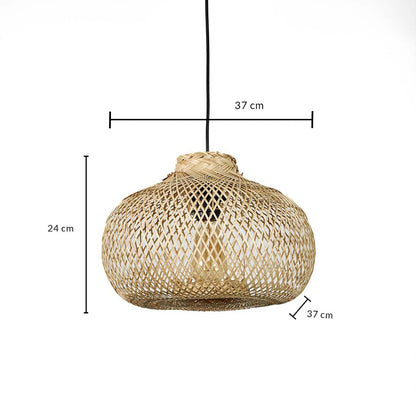 Dimension image of beige woven bamboo mesh pendant light with bulb socket fixture showing 24 cm height and 37 cm width.