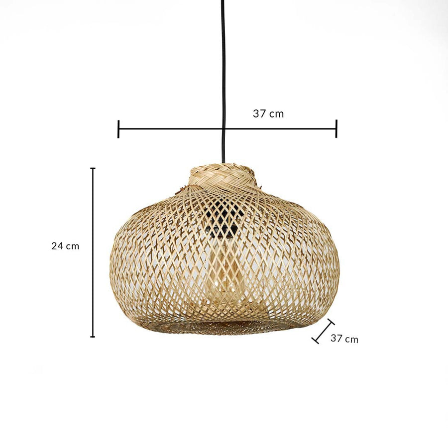 Dimension image of beige woven bamboo mesh pendant light with bulb socket fixture showing 24 cm height and 37 cm width.