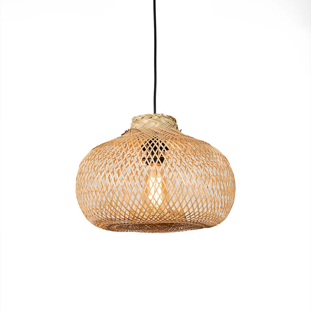 Oval bamboo pendant light with natural beige finish displayed for stylish boho ceiling decor.