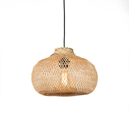 Oval bamboo pendant light with natural beige finish displayed for stylish boho ceiling decor.