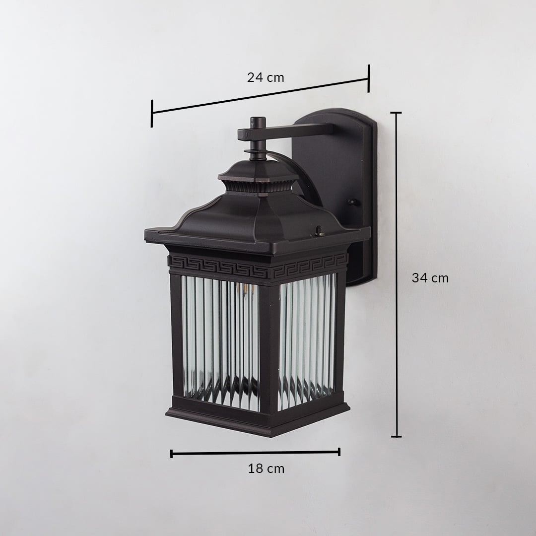 Lantern wall light dimensions image showing 34 cm height 24 cm depth and 18 cm width.