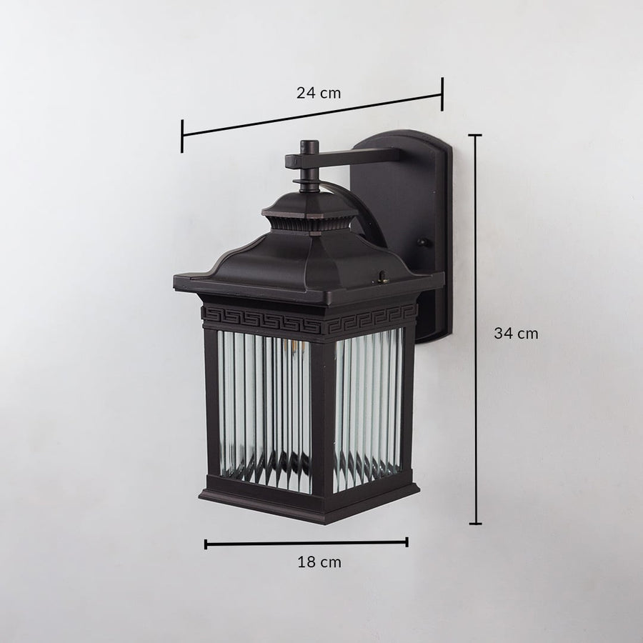 Lantern wall light dimensions image showing 34 cm height 24 cm depth and 18 cm width.