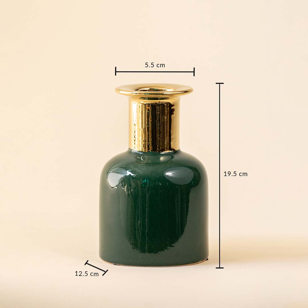 A green ceramic vase with a gold neck is shown on a white background with dimensions marked clearly as 19 point 5 cm height 12 point 5 cm width and 5 point 5 cm top diameter.