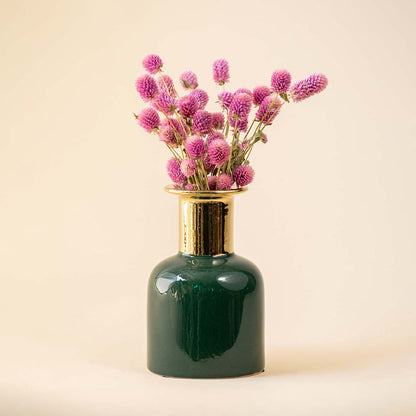 Elegant green and gold vase with bright pink blooms placed against white background for modern home decor.