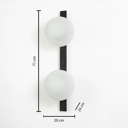 Dimensions image showing 71 cm height and 20 cm width of black metal wall light with frosted glass shades.