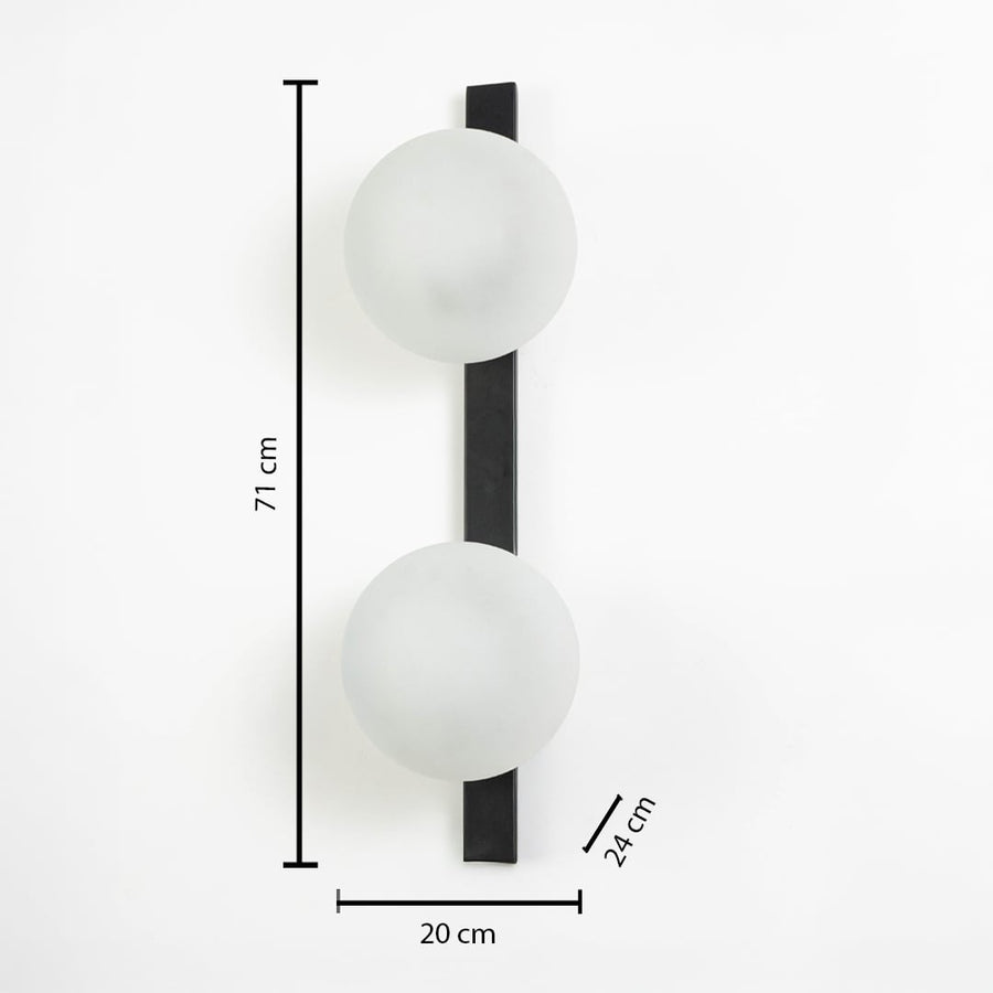 Dimensions image showing 71 cm height and 20 cm width of black metal wall light with frosted glass shades.