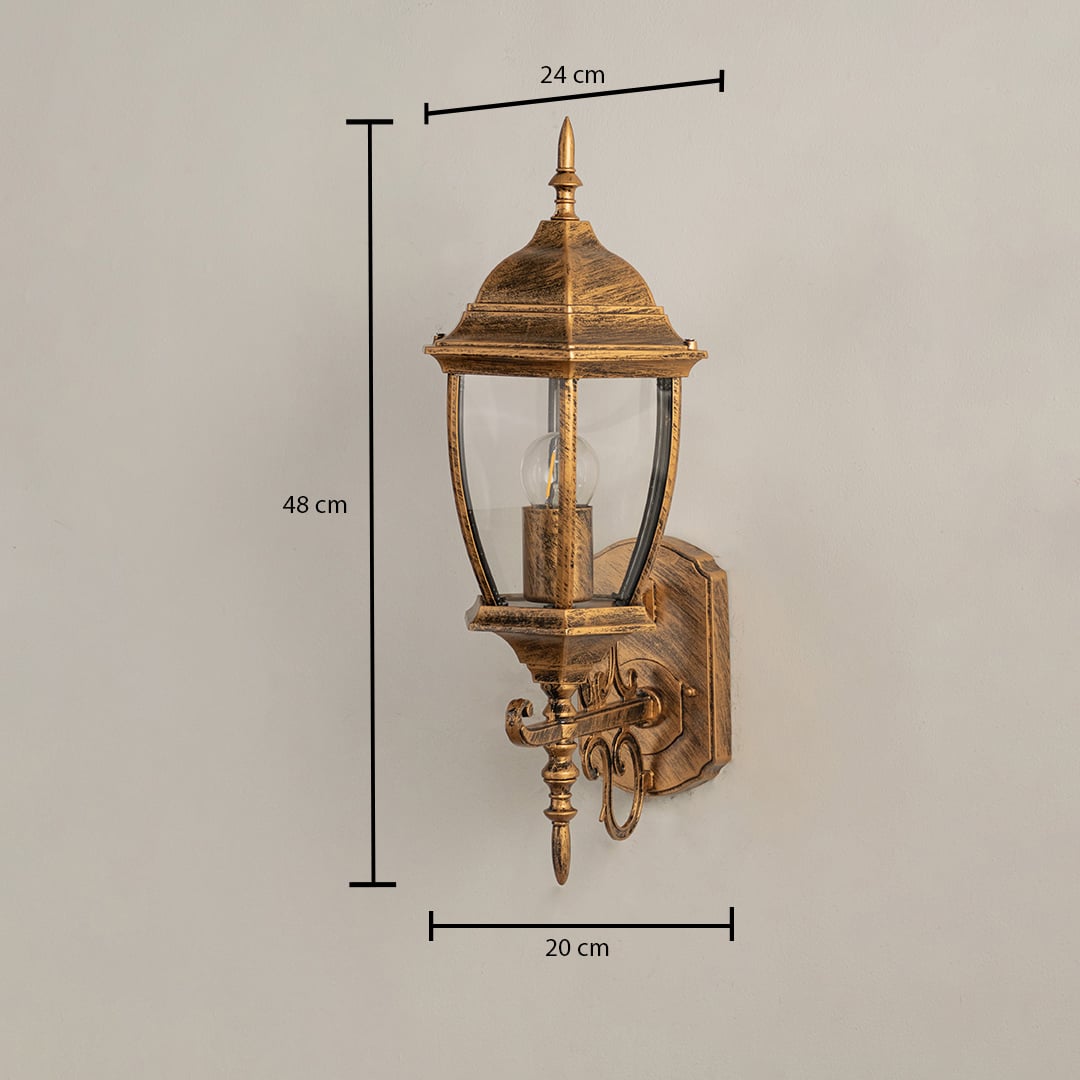 Gold wall lantern with size details showing 48 cm height 24 cm width and 20 cm depth clearly displayed on a plain background.