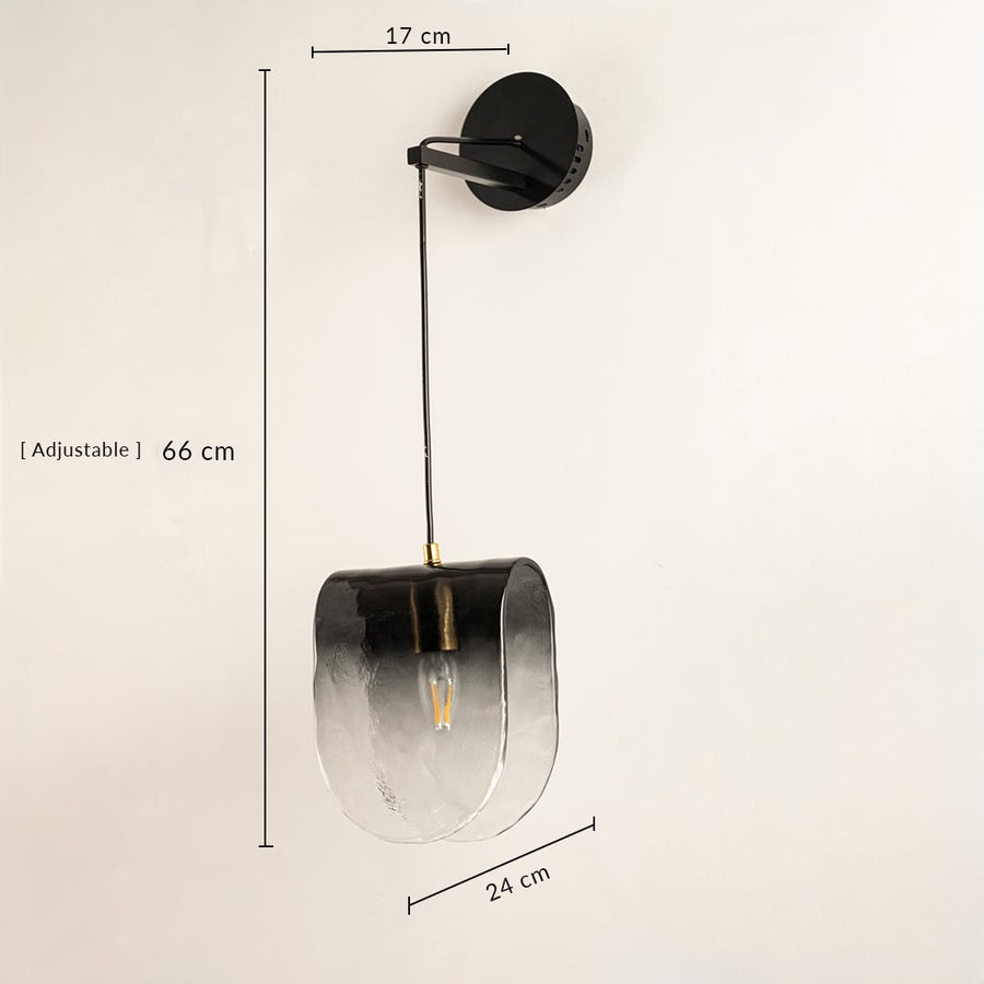 Black metal smoked glass hanging wall light with 55 cm height 17 cm width and 20.5 cm depth for modern decor spaces.
