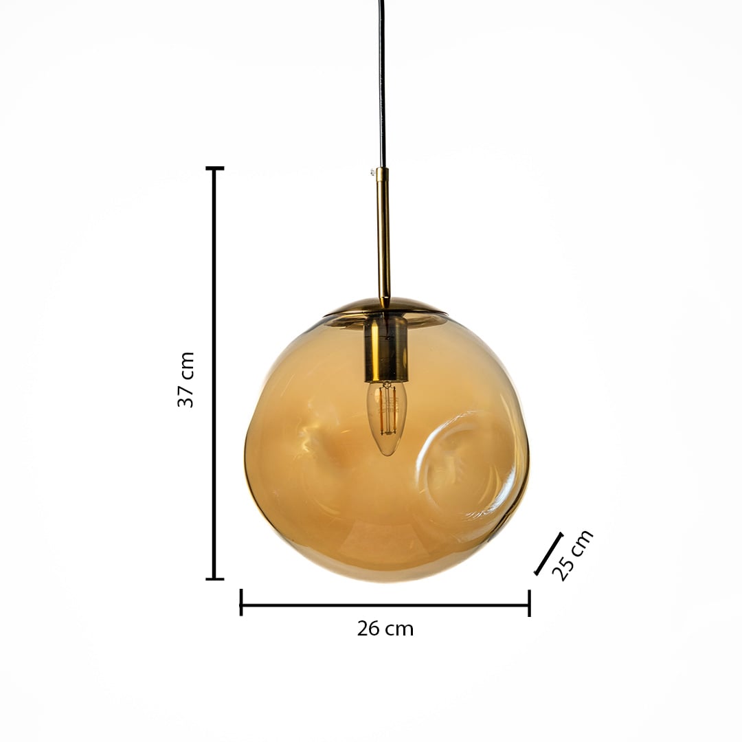 Amber glass pendant light 37 cm high and 26 cm wide shown for size detail ideal for kitchen or dining area decor.
