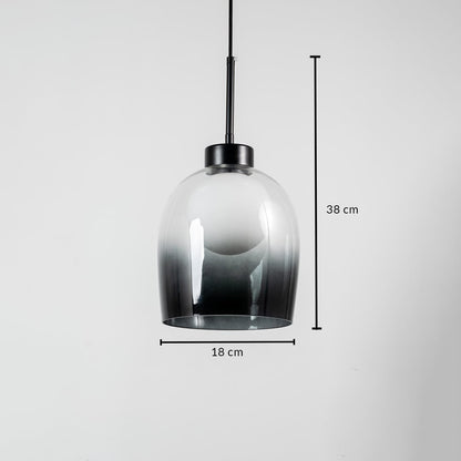 Pendant light with smokey glass dome shade shown with 38cm height and 18cm width featuring modern black fitting.