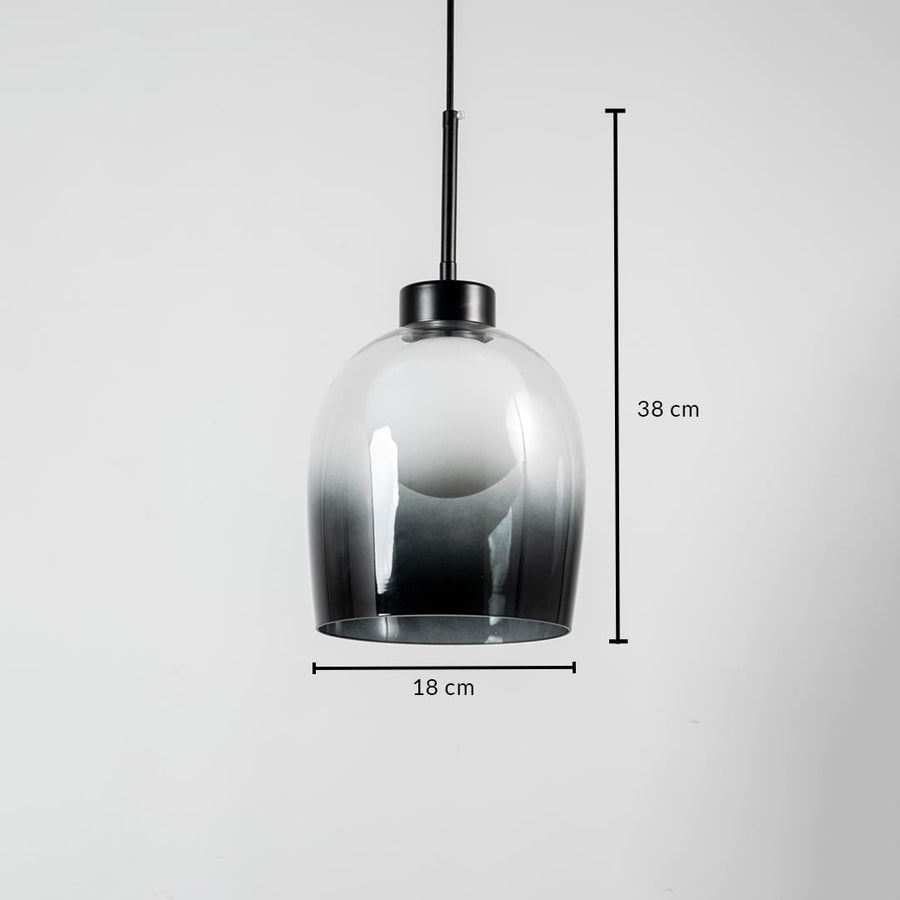 Pendant light with smokey glass dome shade shown with 38cm height and 18cm width featuring modern black fitting.