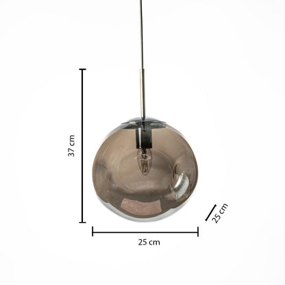 Smoky glass pendant light 37 cm tall and 25 cm wide shown for size detail perfect for dining or hallway lighting.