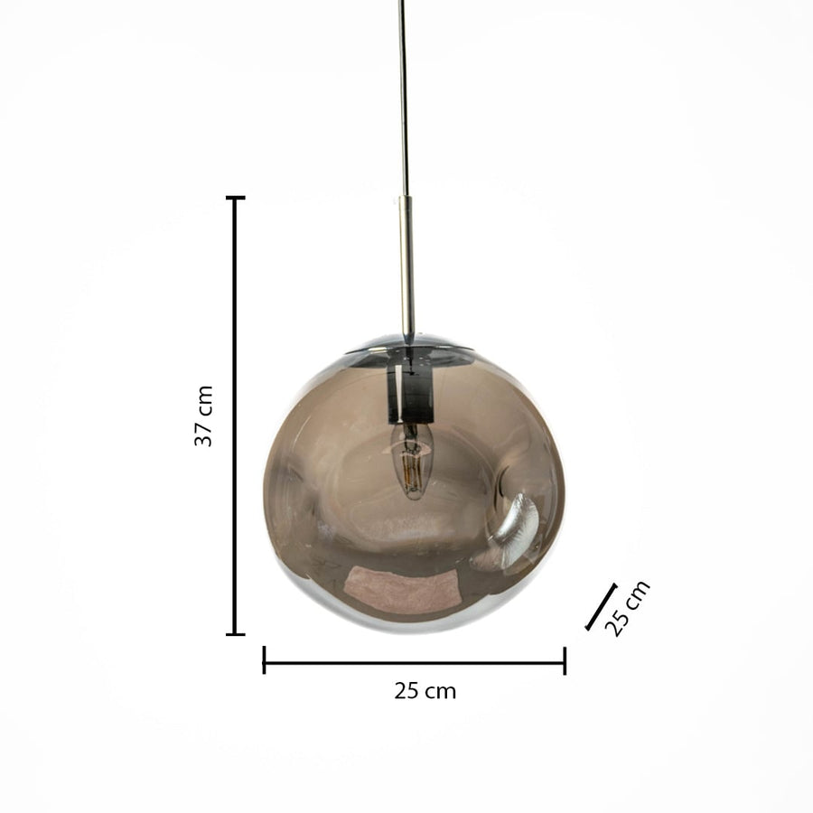 Smoky glass pendant light 37 cm tall and 25 cm wide shown for size detail perfect for dining or hallway lighting.