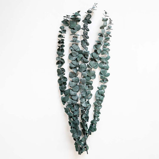 Artificial eucalyptus leaf garland with realistic green foliage for wall decor shelf styling and festive home decoration.