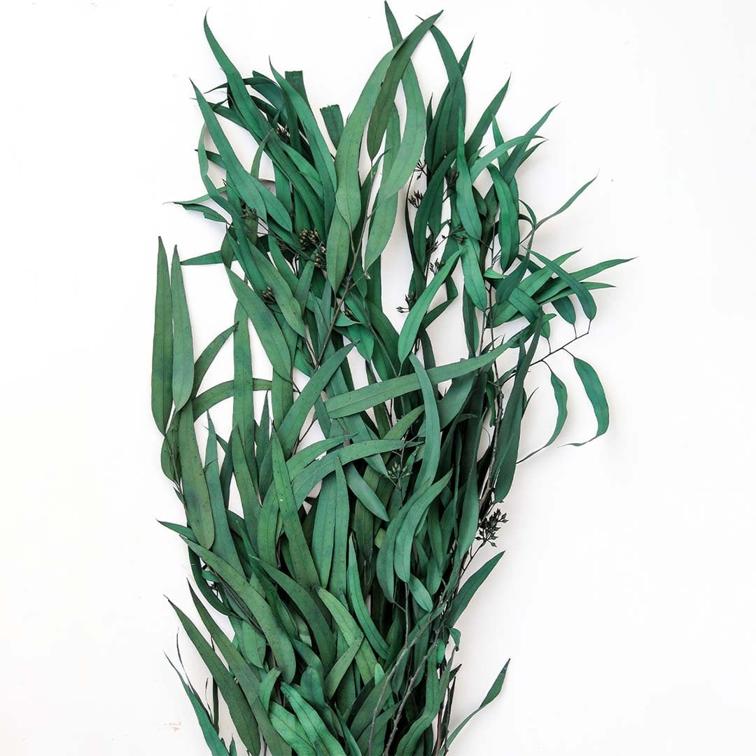 Close view of faux eucalyptus stem reveals realistic leaf veins natural curves and handcrafted details that mimic real greenery beautifully.