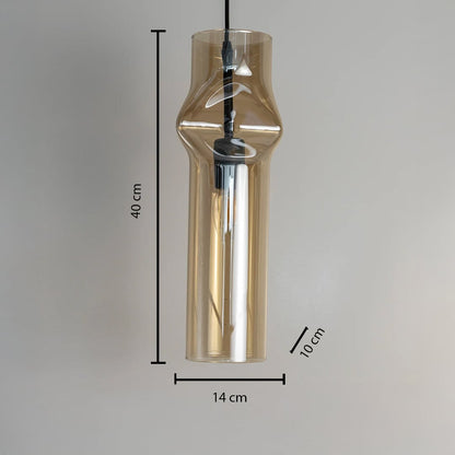Chrome pendant light measuring 40 cm in height and 14 cm in width with slim refined metallic shape.