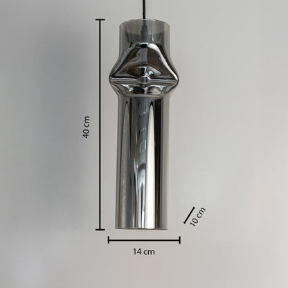 Chrome pendant light measuring 40 cm in height and 14 cm in width with slim refined metallic shape.