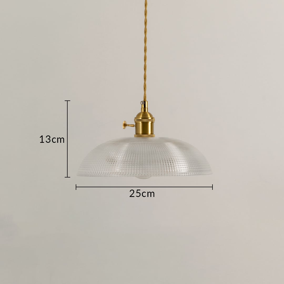 Dimension image of textured clear glass pendant light with brass holder showing 13 cm height and 25 cm width.