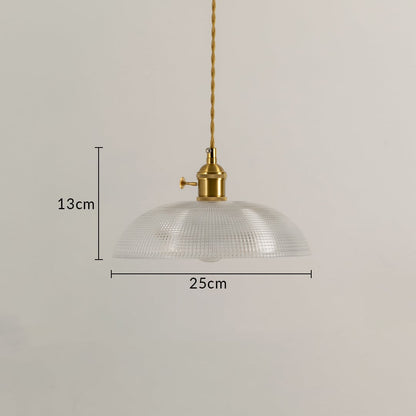 Dimension image of textured clear glass pendant light with brass holder showing 13 cm height and 25 cm width.